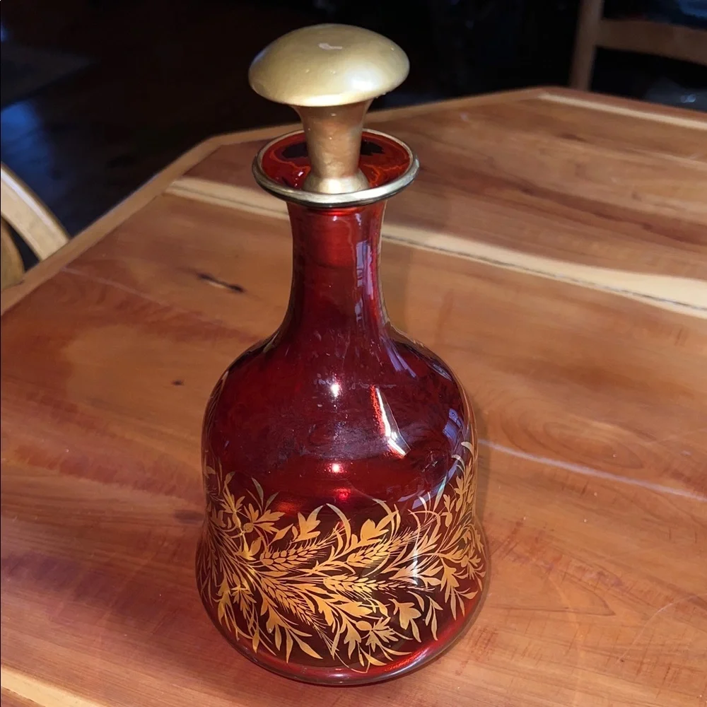 Antique Art Nouveau Bohemian Cranberry and Gold Decanter 1890-1910